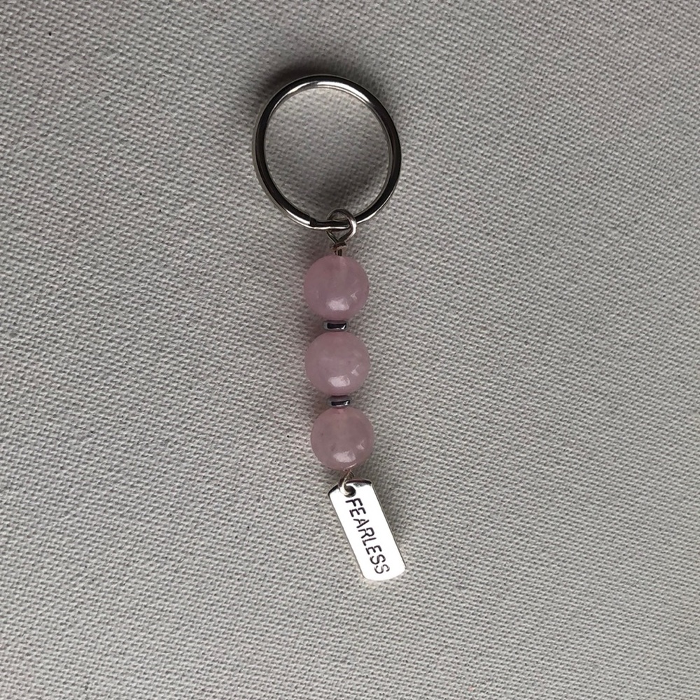 Rose quartz crystal keychain, fearless charm, beaded key ring, handmade bag pull